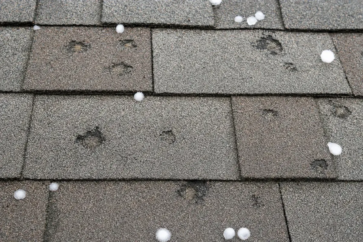 Hail damage on roof shingles